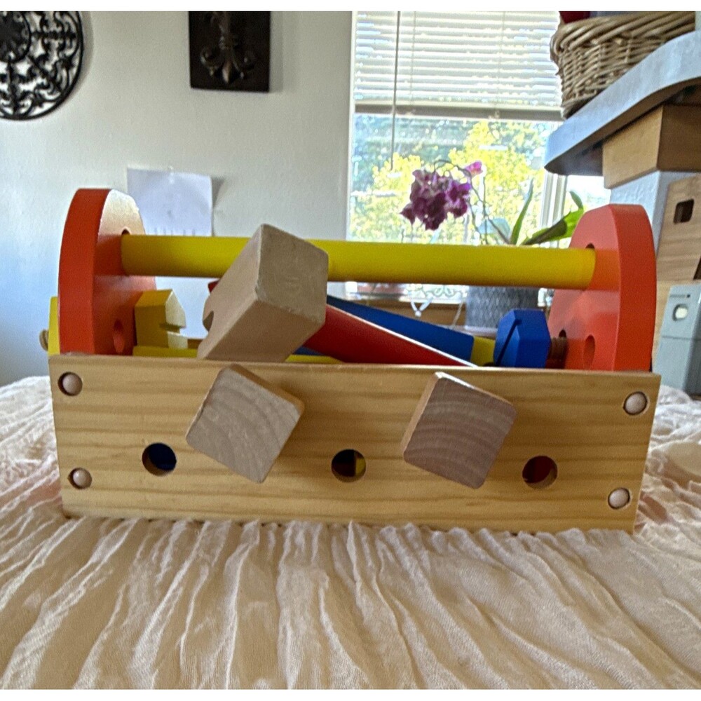 Wooden Pretend Play Tool Set w/ Toolbox Carry Case, Hammer, Wrench, Nuts & Bolts